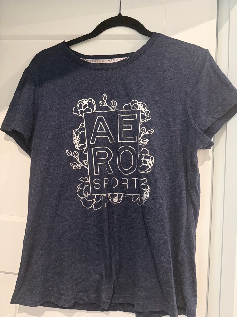 Aeropostale Navy Short-Sleeve Graphic Tee with White Floral Logo